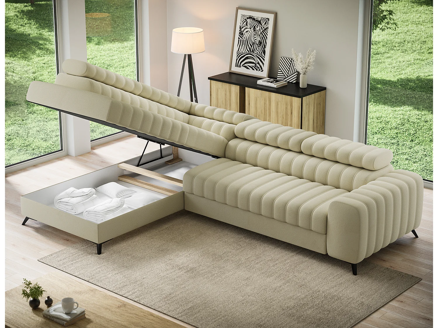 Canapé d’angle convertible KANDO en tissu texturé – 269cm-Beige clair-angle gauche