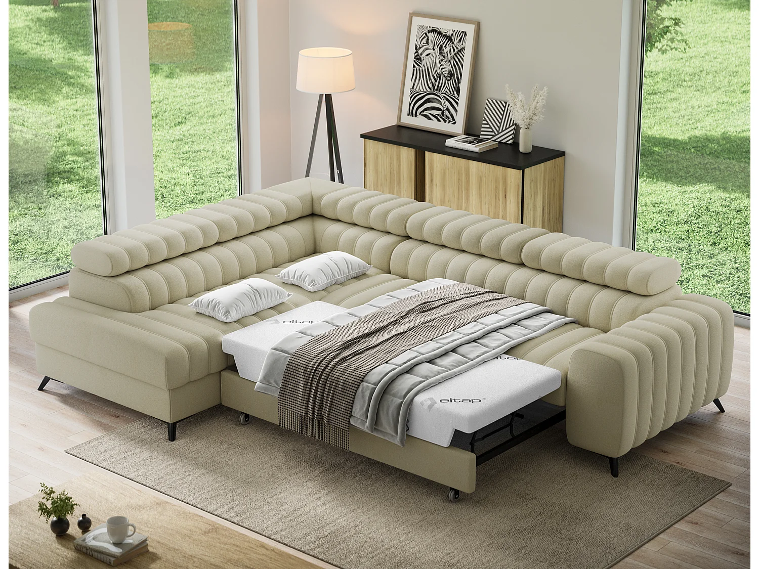 Canapé d’angle convertible KANDO en tissu texturé – 269cm-Beige clair-angle gauche