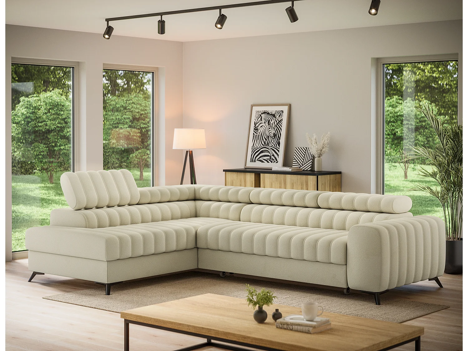 Canapé d’angle convertible KANDO en tissu texturé – 269cm-Beige clair-angle gauche
