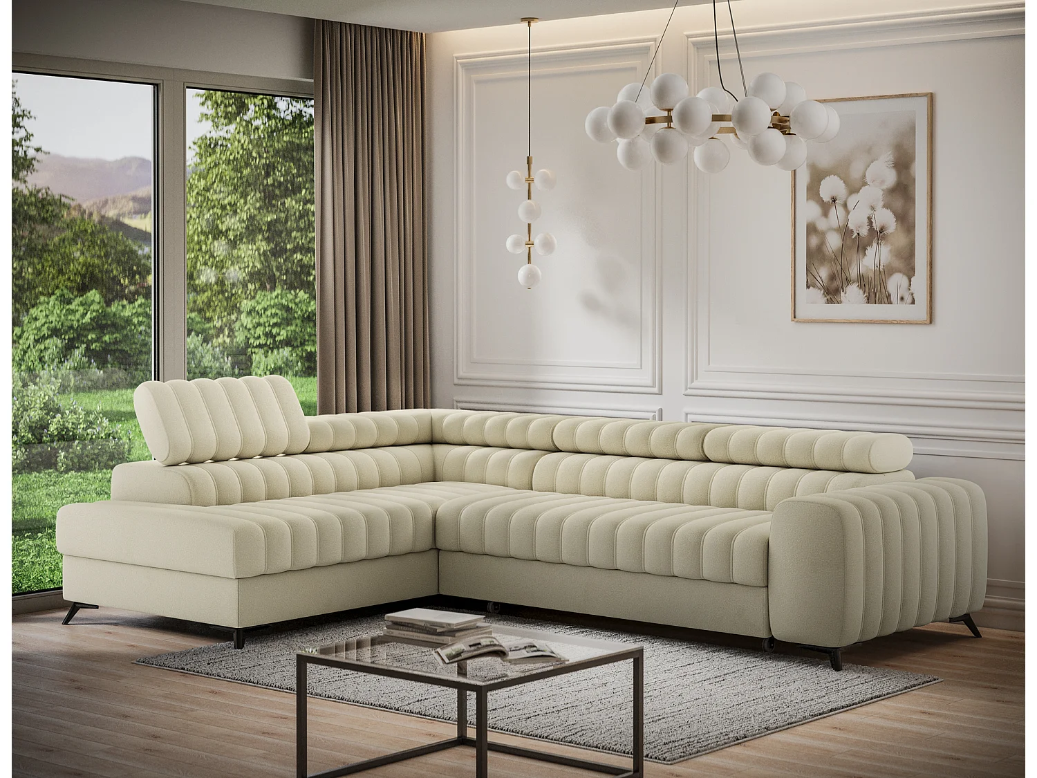 Canapé d’angle convertible KANDO en tissu texturé – 269cm-Beige clair-angle gauche