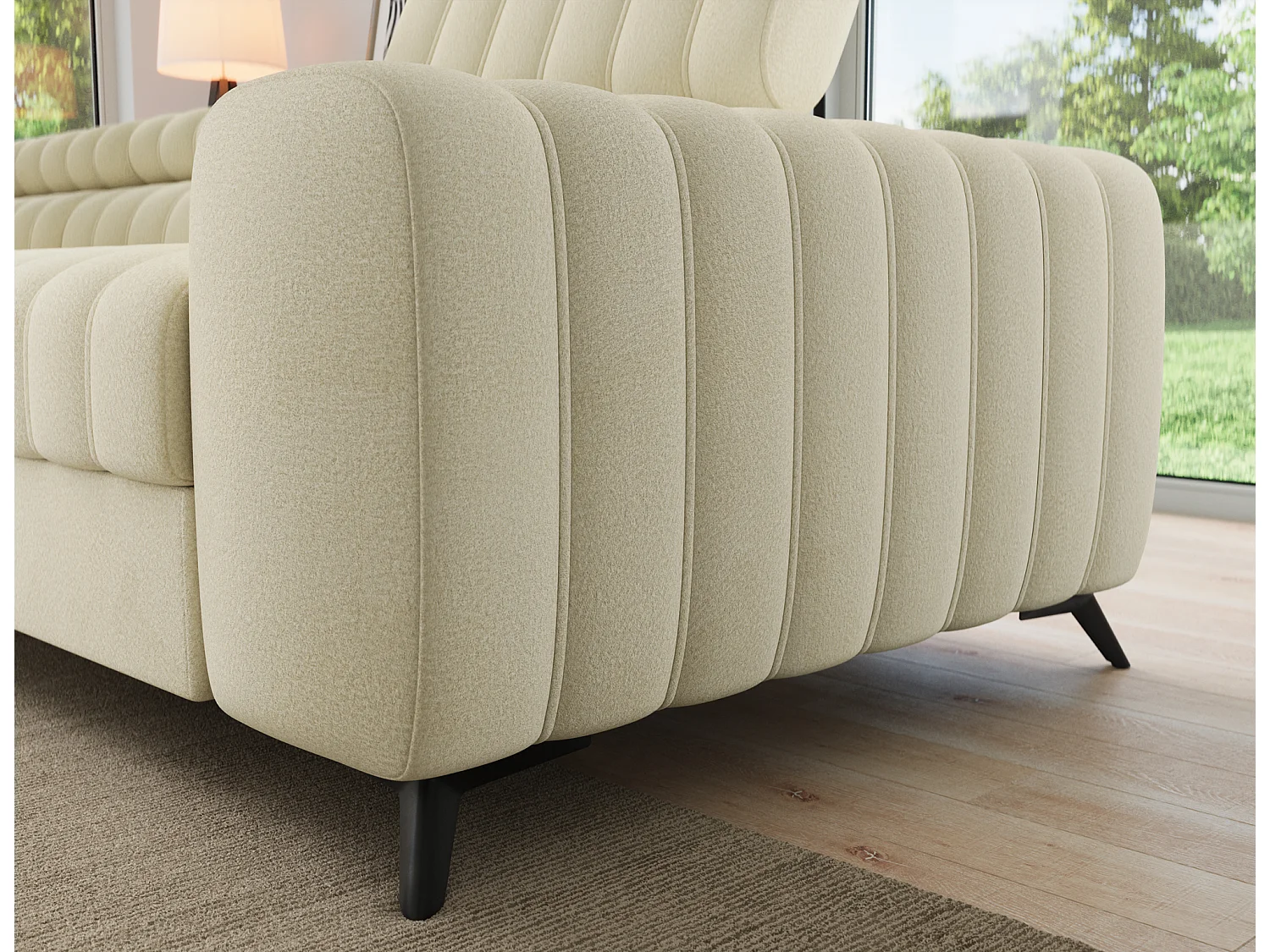 Canapé d’angle convertible KANDO en tissu texturé – 269cm-Beige clair-angle gauche