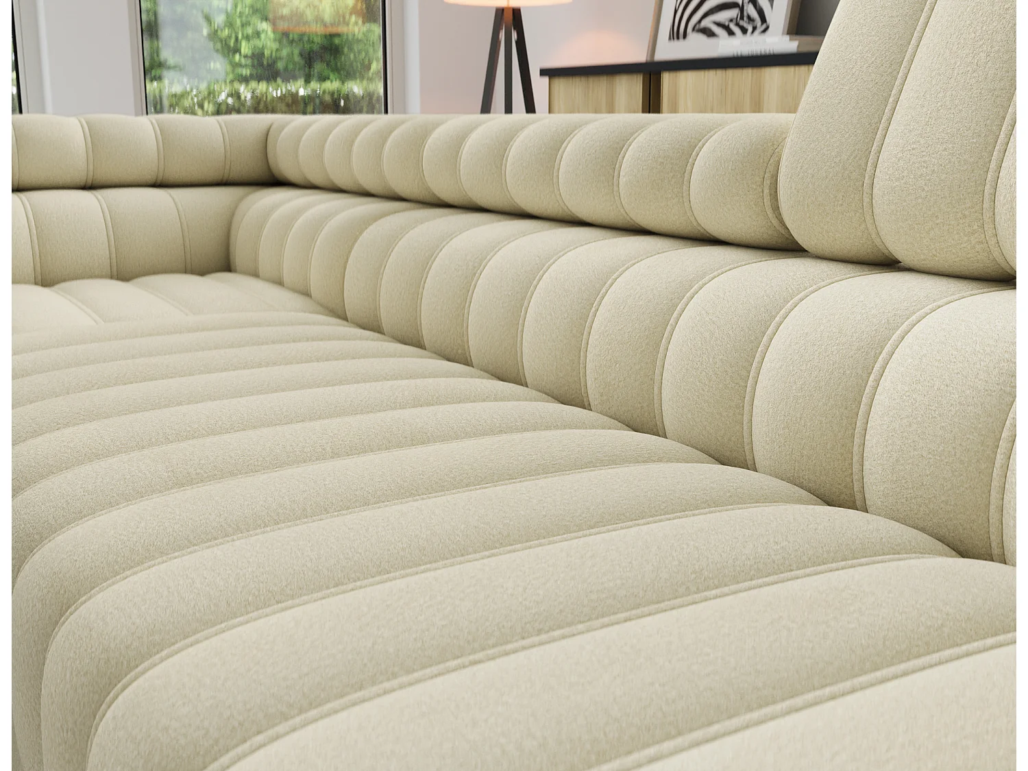 Canapé d’angle convertible KANDO en tissu texturé – 269cm-Beige clair-angle gauche