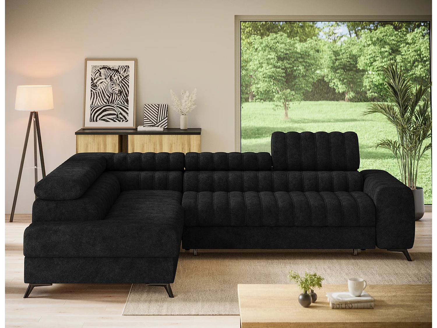 Canapé d’angle convertible KANDO en tissu texturé – 269cm-Noir-angle gauche