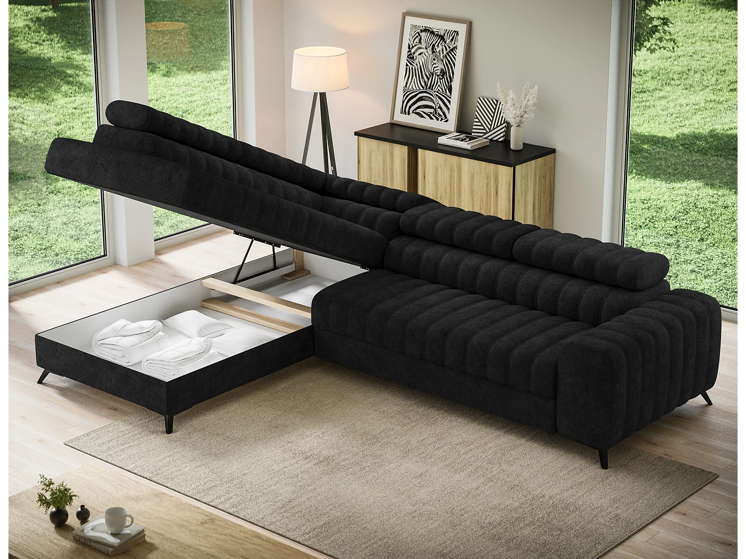 Canapé d’angle convertible KANDO en tissu texturé – 269cm-Noir-angle gauche