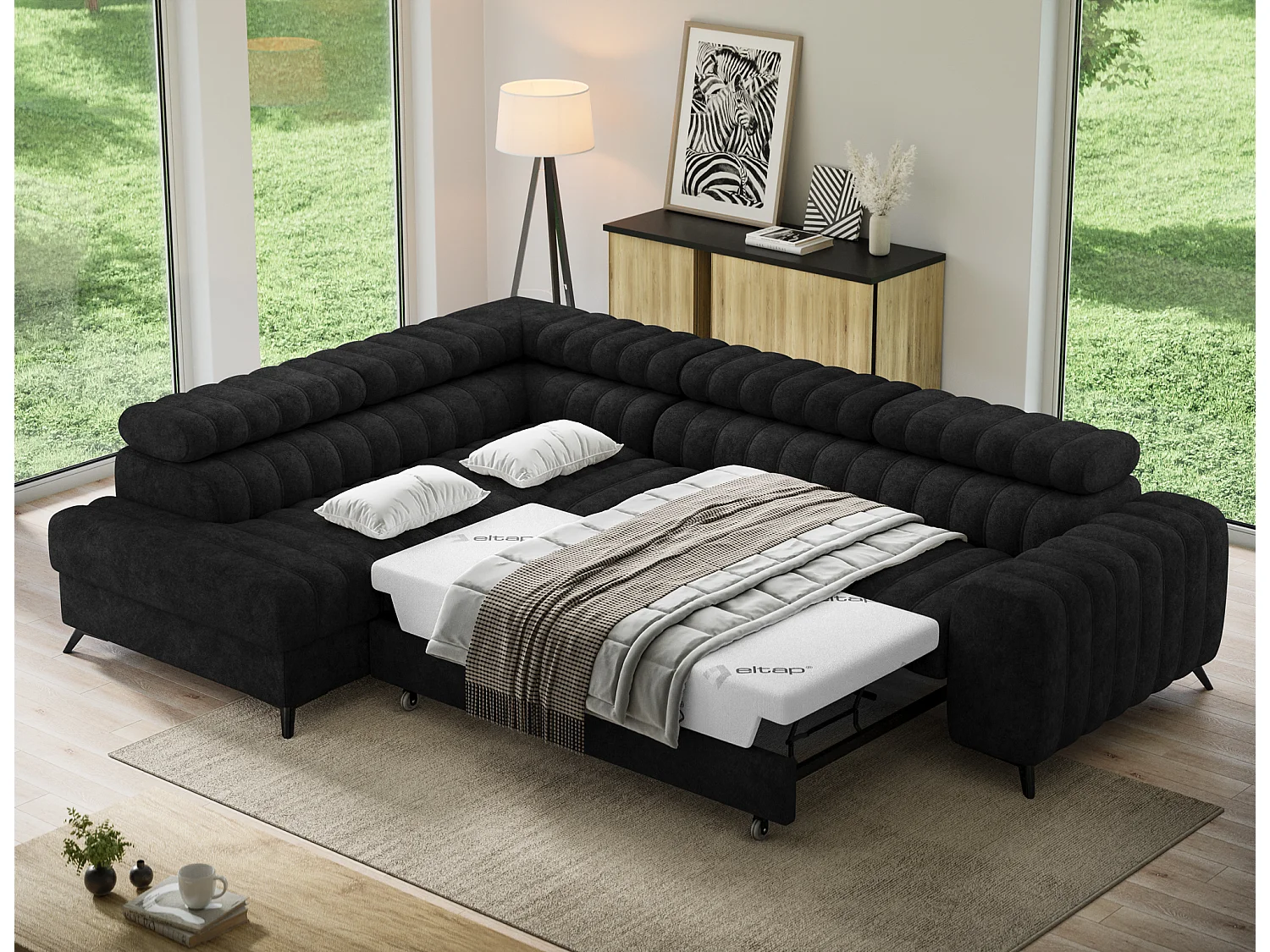 Canapé d’angle convertible KANDO en tissu texturé – 269cm-Noir-angle gauche