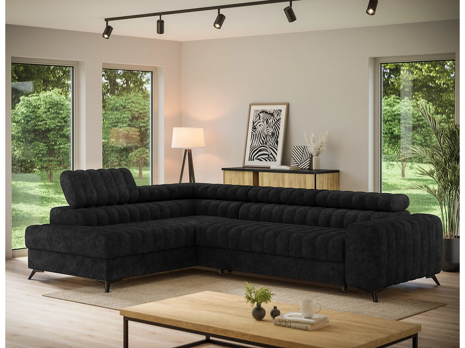 Canapé d’angle convertible KANDO en tissu texturé – 269cm-Noir-angle gauche