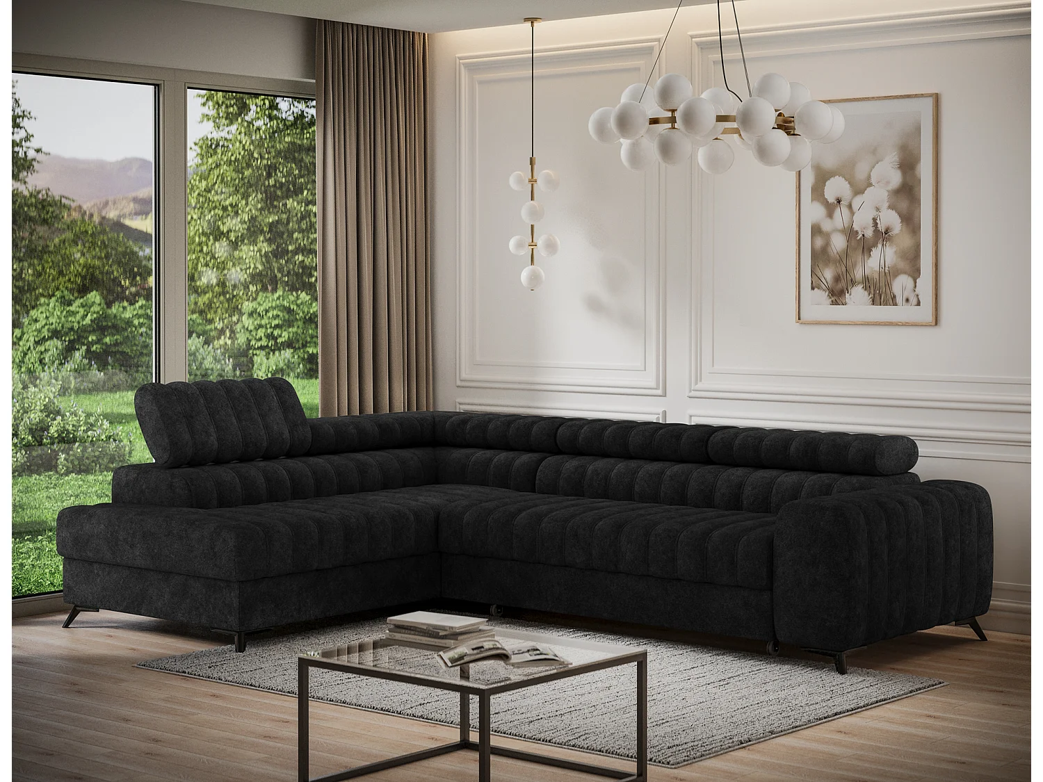 Canapé d’angle convertible KANDO en tissu texturé – 269cm-Noir-angle gauche