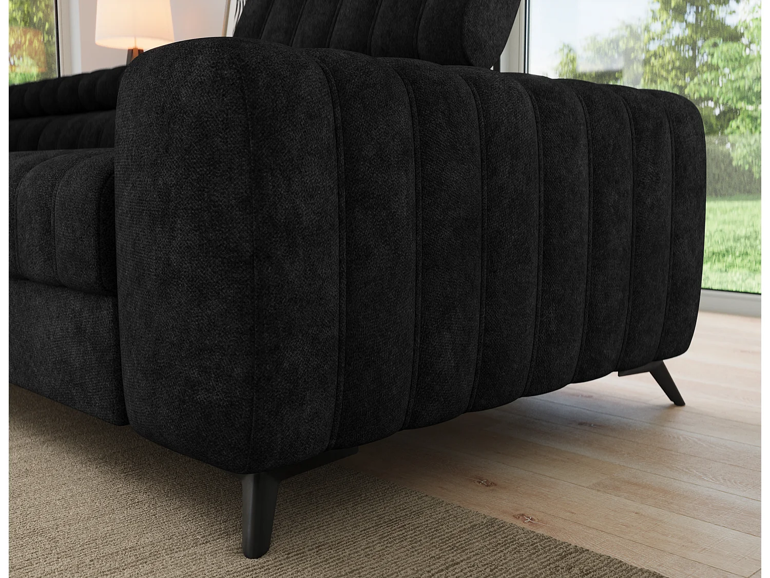 Canapé d’angle convertible KANDO en tissu texturé – 269cm-Noir-angle gauche
