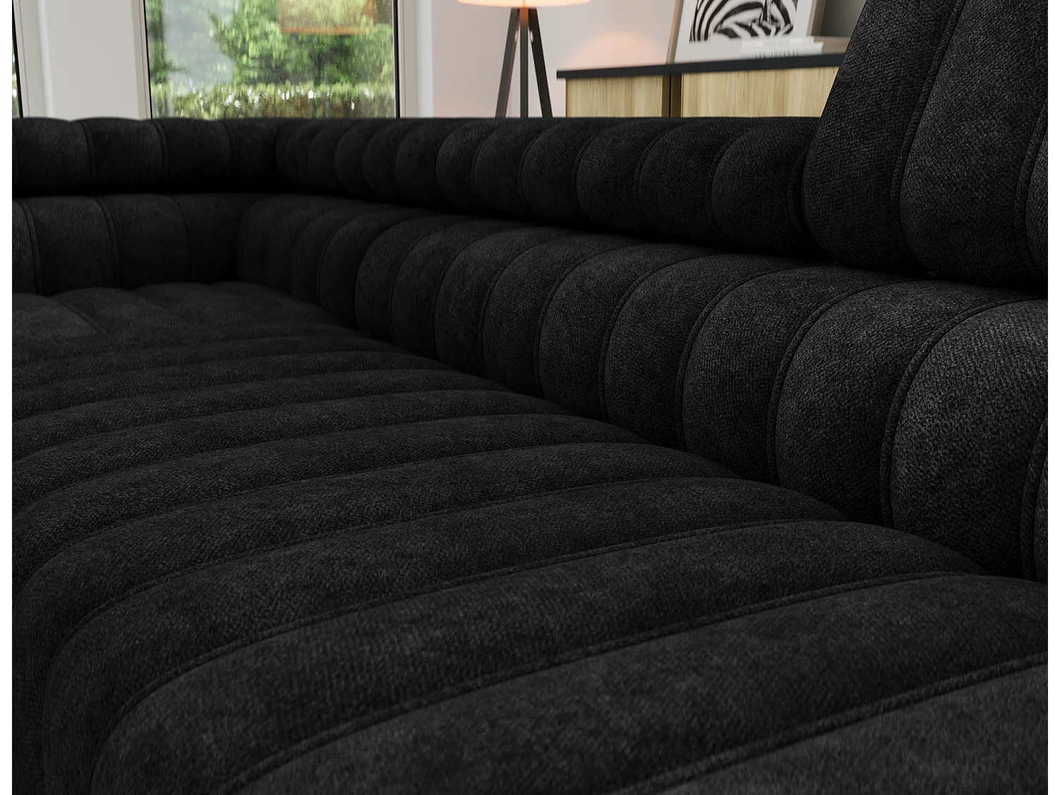 Canapé d’angle convertible KANDO en tissu texturé – 269cm-Noir-angle gauche