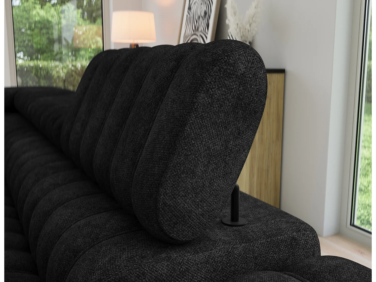 Canapé d’angle convertible KANDO en tissu texturé – 269cm-Noir-angle gauche