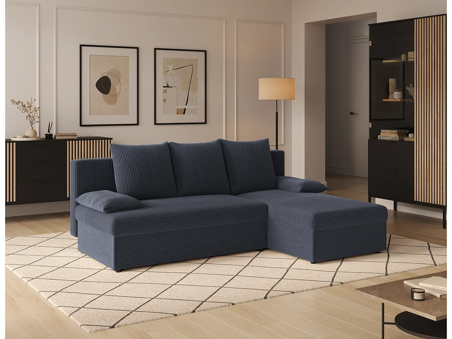 Canapé d’angle réversible convertible GARY en tissu côtelé – 206cm-Gris foncé