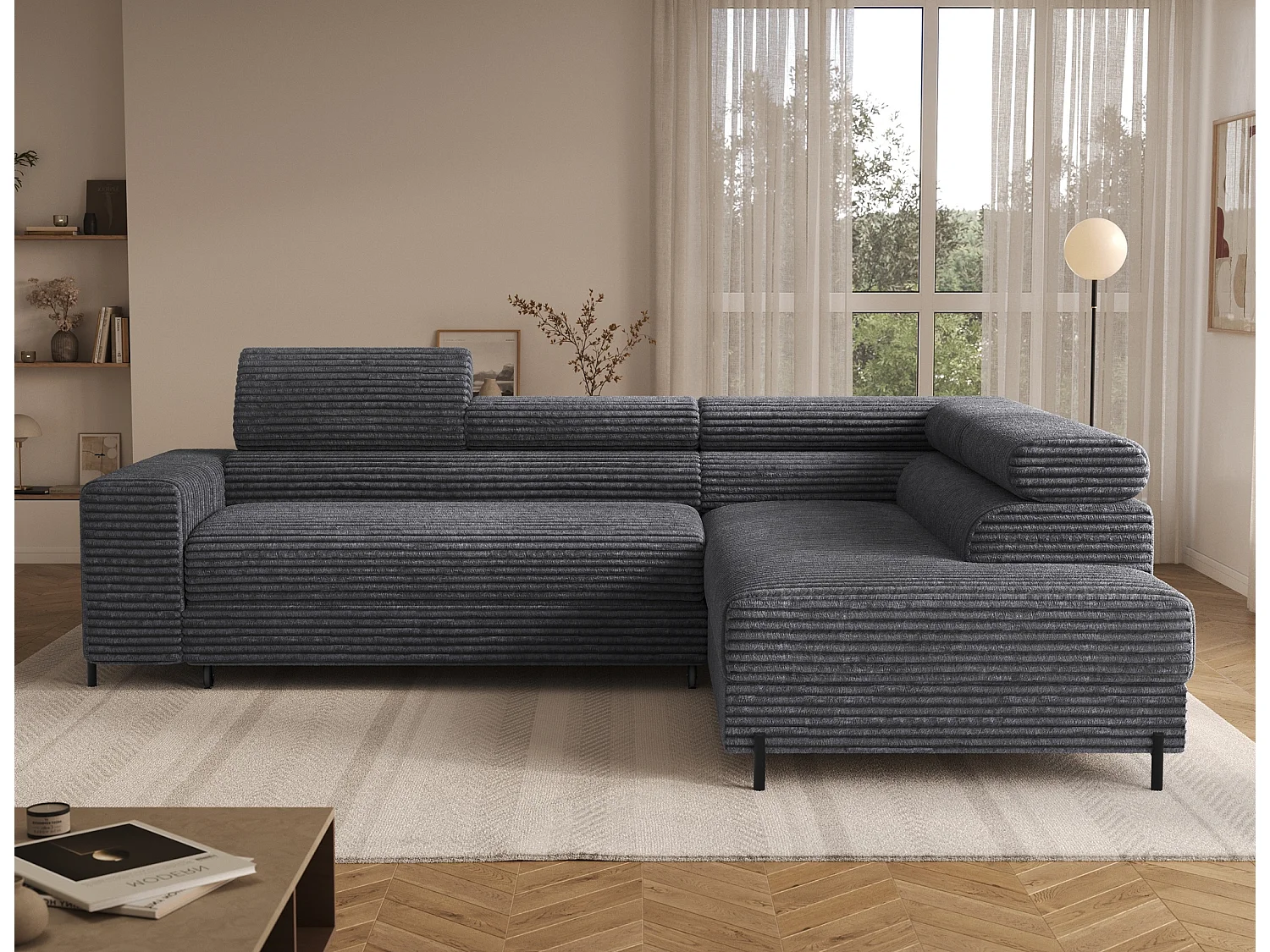 Canapé d’angle convertible KOLEZO en tissu côtelé avec coffre et têtières réglables – 274cm-Gris-angle droit