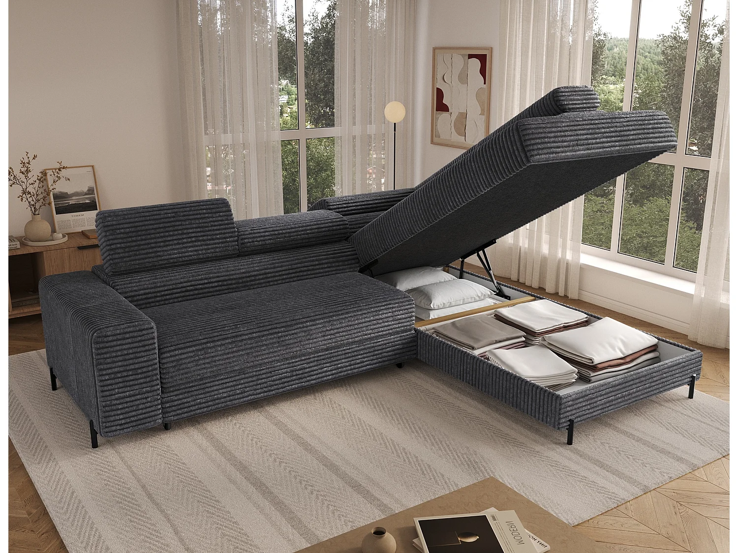 Canapé d’angle convertible KOLEZO en tissu côtelé avec coffre et têtières réglables – 274cm-Gris-angle droit
