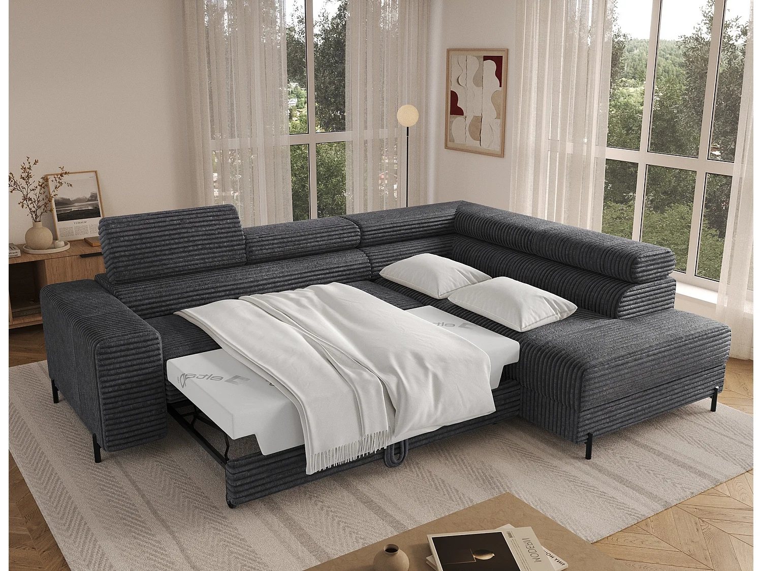 Canapé d’angle convertible KOLEZO en tissu côtelé avec coffre et têtières réglables – 274cm-Gris-angle droit