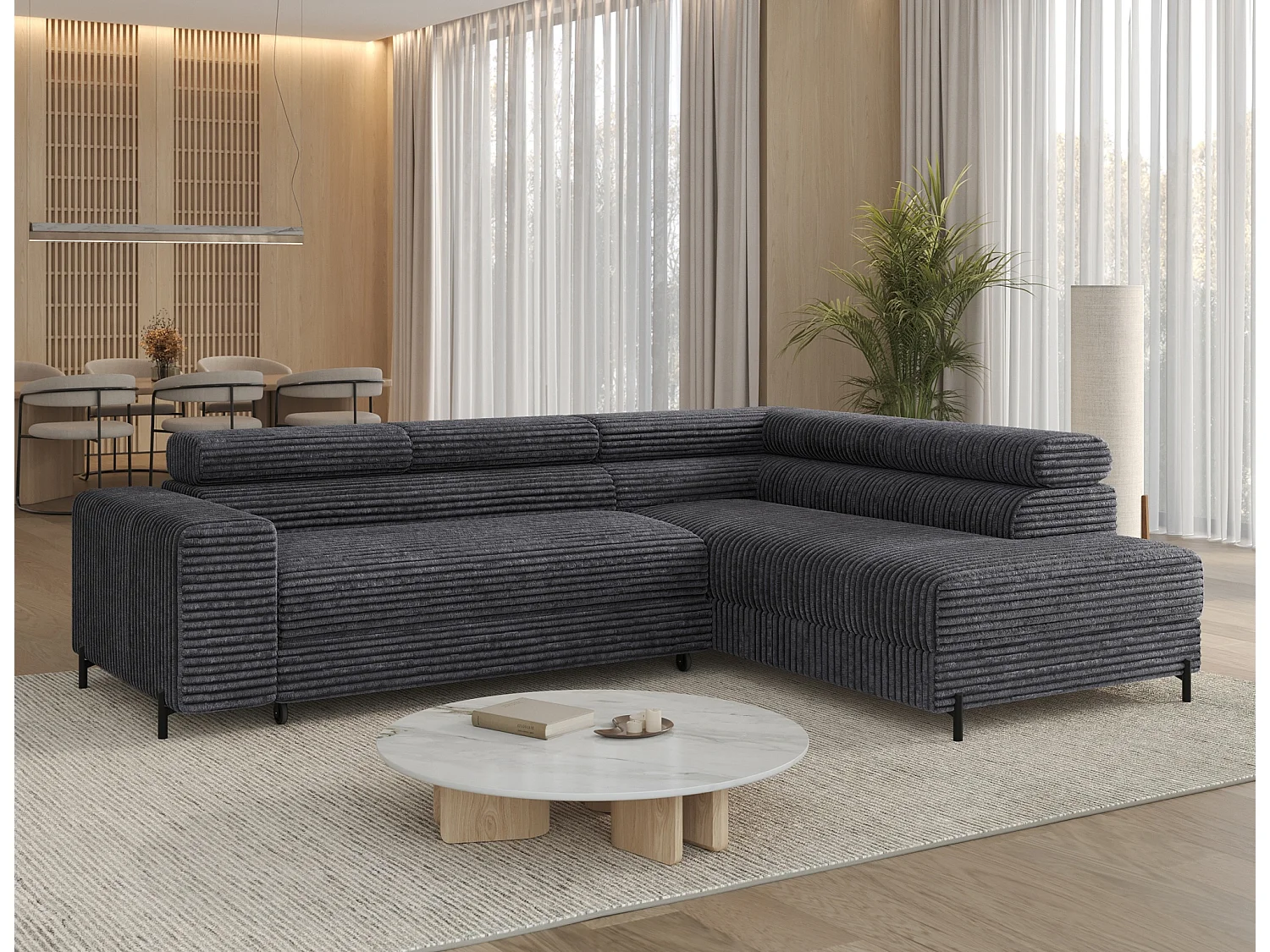 Canapé d’angle convertible KOLEZO en tissu côtelé avec coffre et têtières réglables – 274cm-Gris-angle droit