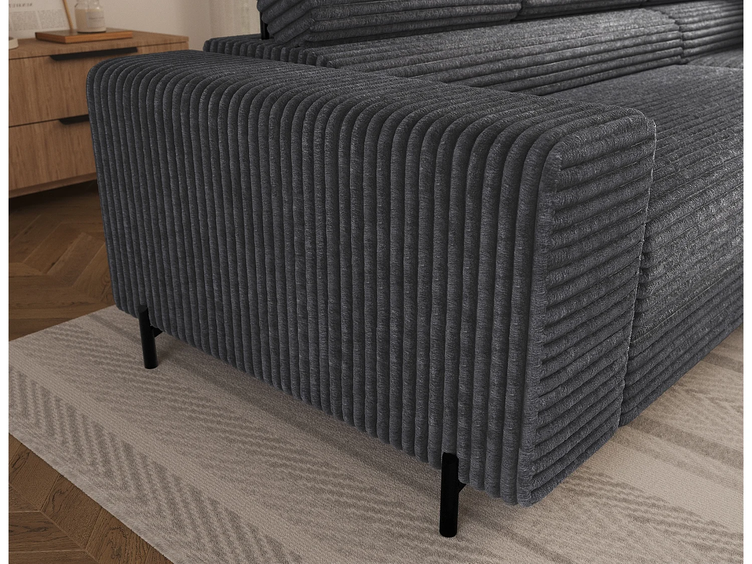 Canapé d’angle convertible KOLEZO en tissu côtelé avec coffre et têtières réglables – 274cm-Gris-angle droit
