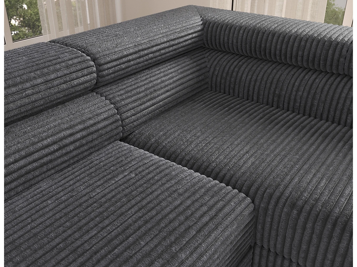 Canapé d’angle convertible KOLEZO en tissu côtelé avec coffre et têtières réglables – 274cm-Gris-angle droit
