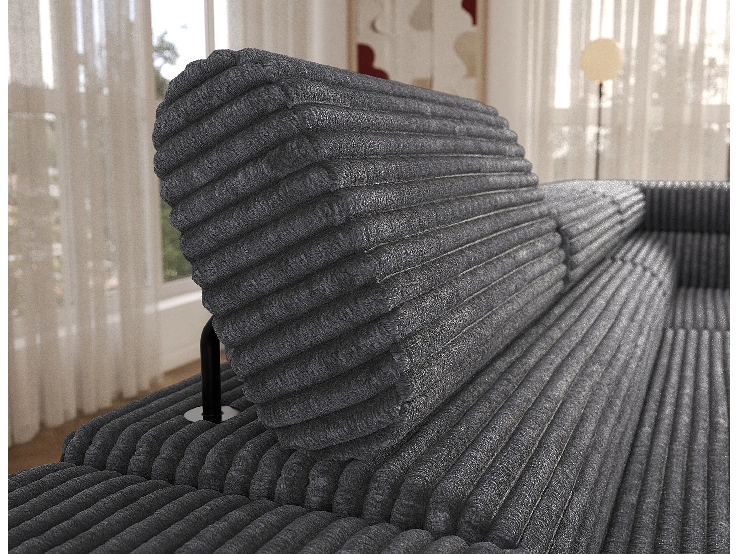Canapé d’angle convertible KOLEZO en tissu côtelé avec coffre et têtières réglables – 274cm-Gris-angle droit