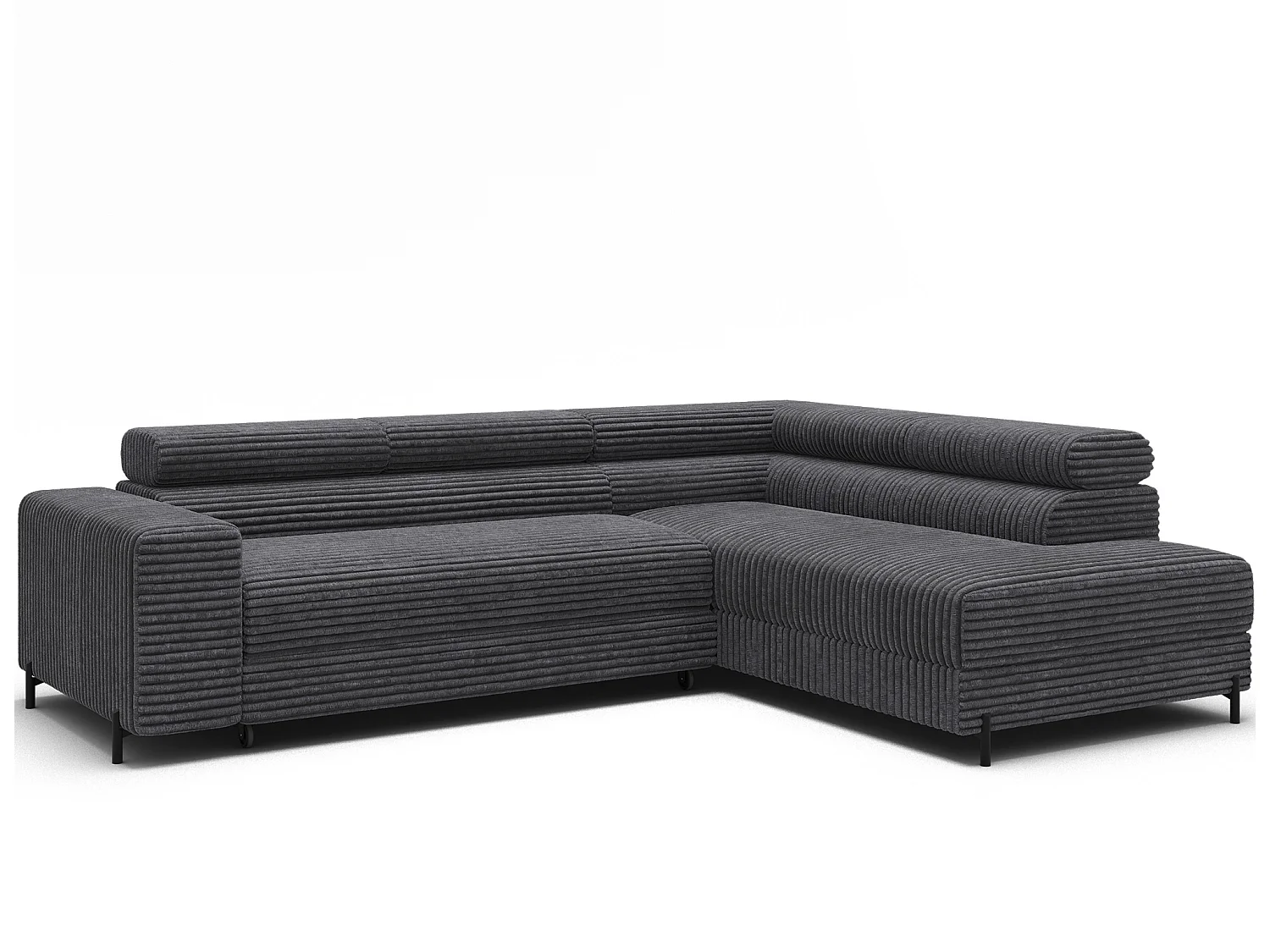 Canapé d’angle convertible KOLEZO en tissu côtelé avec coffre et têtières réglables – 274cm-Gris-angle droit