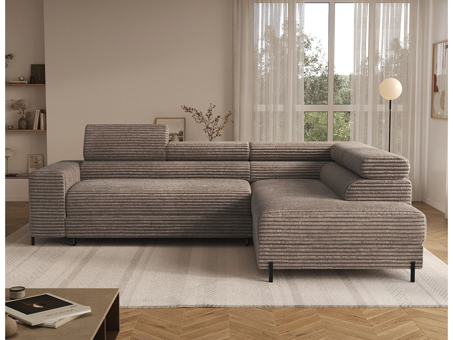 Canapé d’angle convertible KOLEZO en tissu côtelé avec coffre et têtières réglables – 274cm-Marron-angle droit