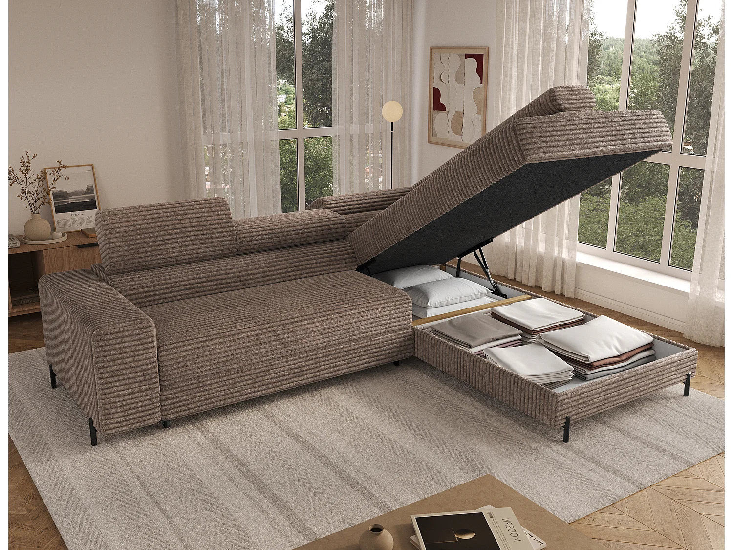 Canapé d’angle convertible KOLEZO en tissu côtelé avec coffre et têtières réglables – 274cm-Marron-angle droit