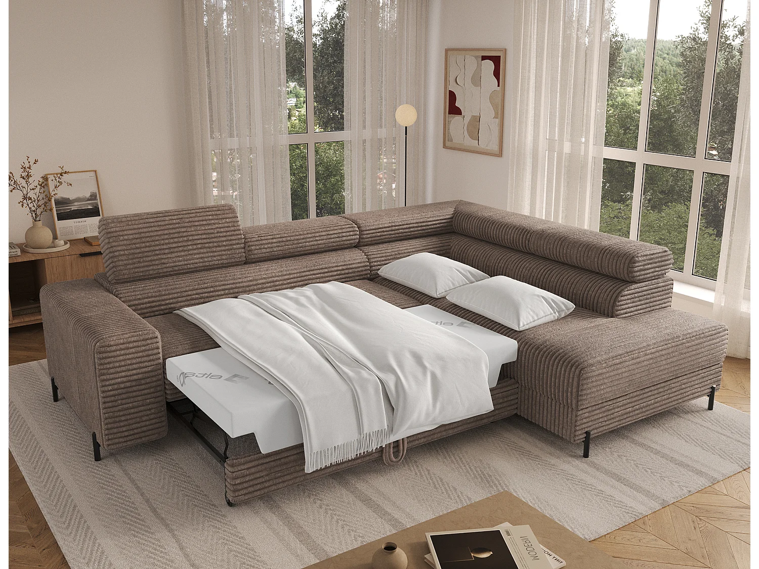 Canapé d’angle convertible KOLEZO en tissu côtelé avec coffre et têtières réglables – 274cm-Marron-angle droit