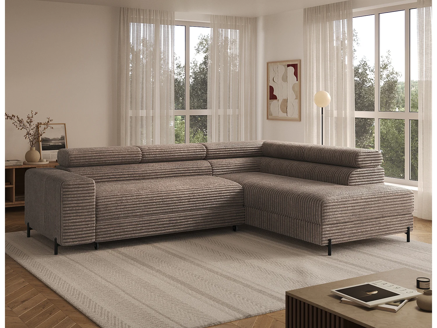 Canapé d’angle convertible KOLEZO en tissu côtelé avec coffre et têtières réglables – 274cm-Marron-angle droit