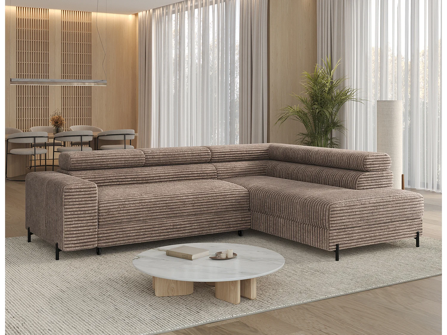 Canapé d’angle convertible KOLEZO en tissu côtelé avec coffre et têtières réglables – 274cm-Marron-angle droit