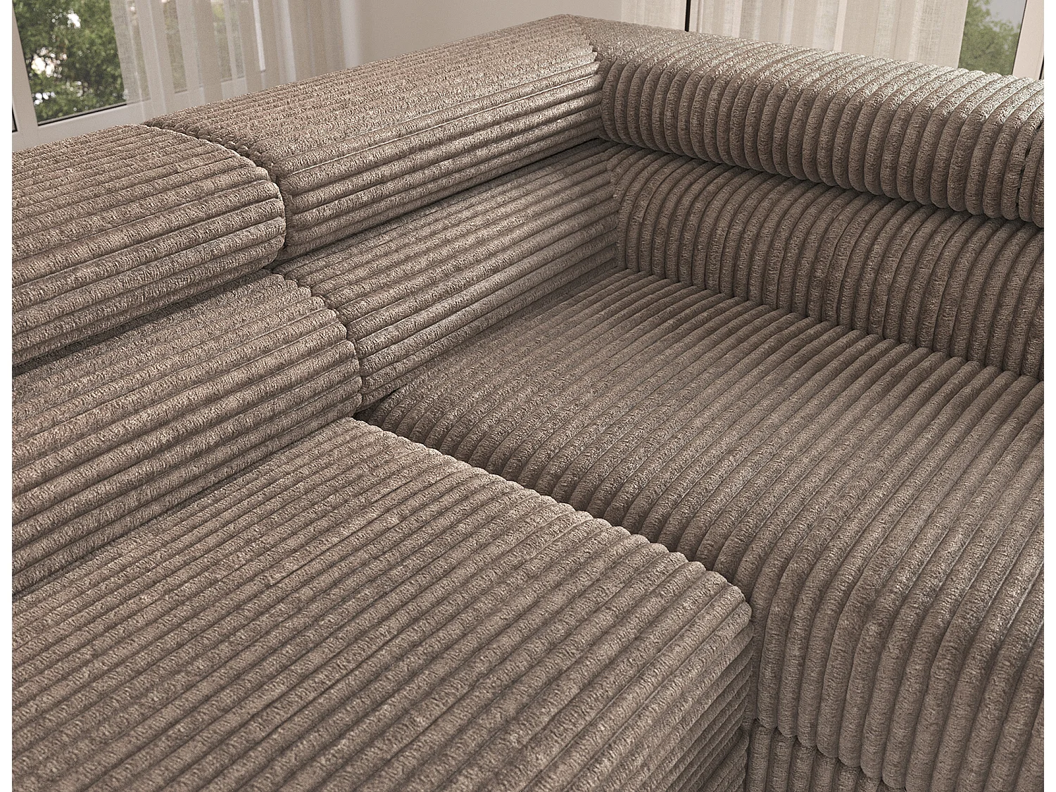 Canapé d’angle convertible KOLEZO en tissu côtelé avec coffre et têtières réglables – 274cm-Marron-angle droit