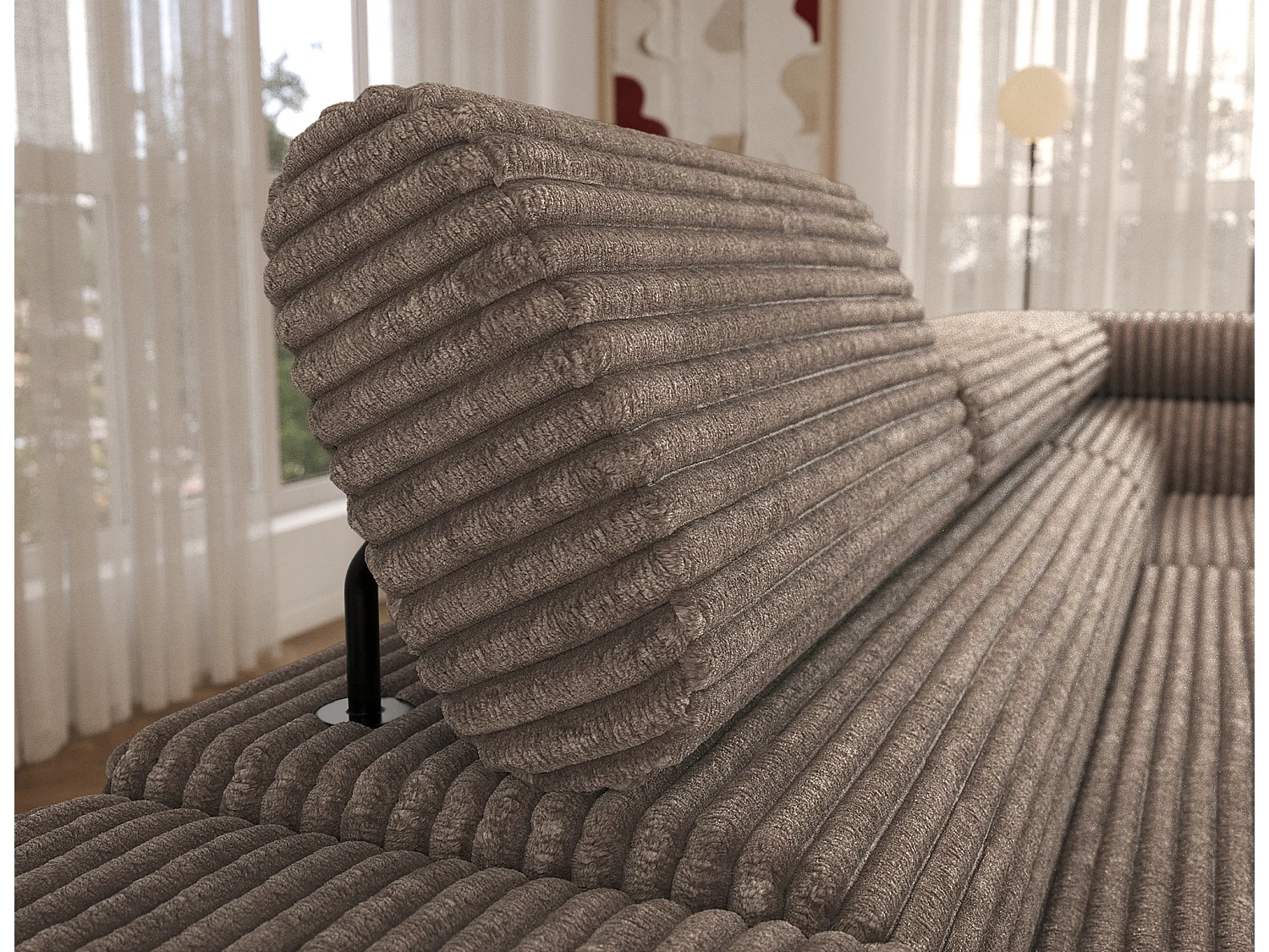 Canapé d’angle convertible KOLEZO en tissu côtelé avec coffre et têtières réglables – 274cm-Marron-angle droit