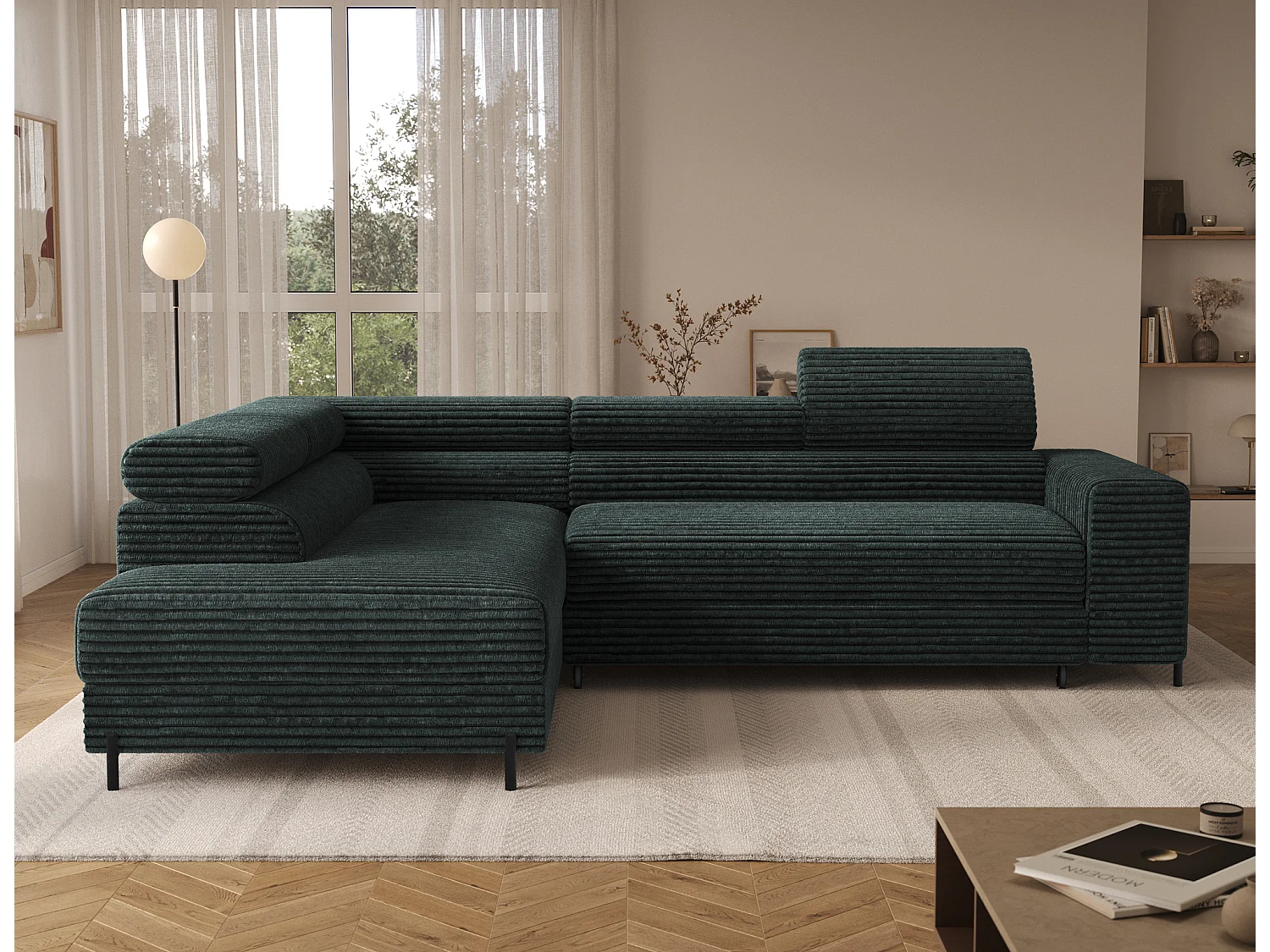 Canapé d’angle convertible KOLEZO en tissu côtelé avec coffre et têtières réglables – 274cm-Vert foncé-angle gauche