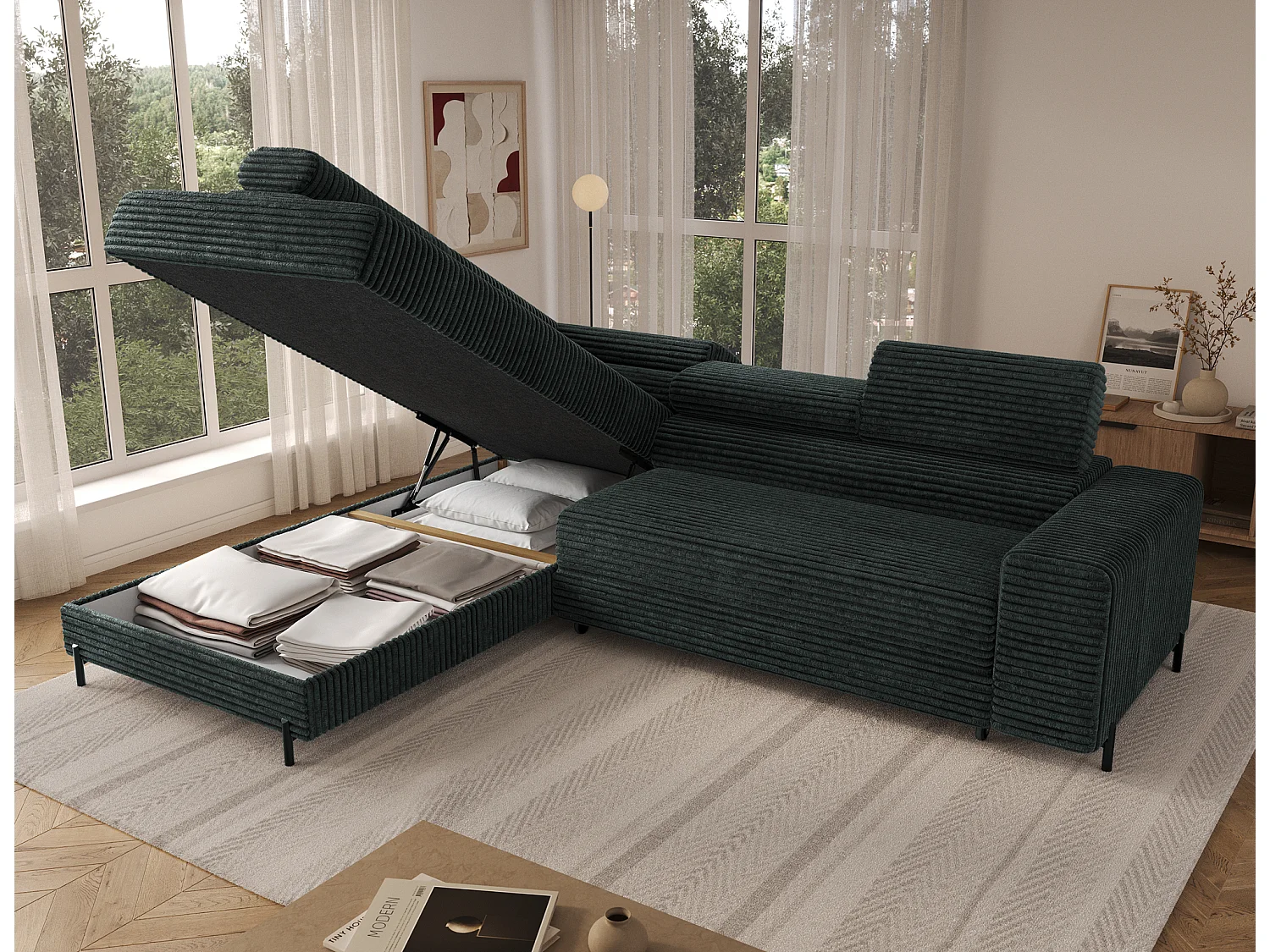 Canapé d’angle convertible KOLEZO en tissu côtelé avec coffre et têtières réglables – 274cm-Vert foncé-angle gauche