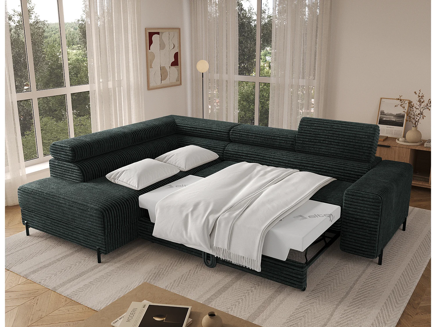 Canapé d’angle convertible KOLEZO en tissu côtelé avec coffre et têtières réglables – 274cm-Vert foncé-angle gauche