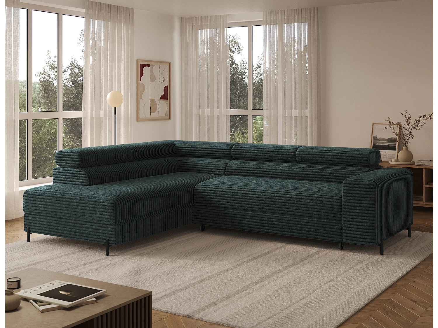 Canapé d’angle convertible KOLEZO en tissu côtelé avec coffre et têtières réglables – 274cm-Vert foncé-angle gauche