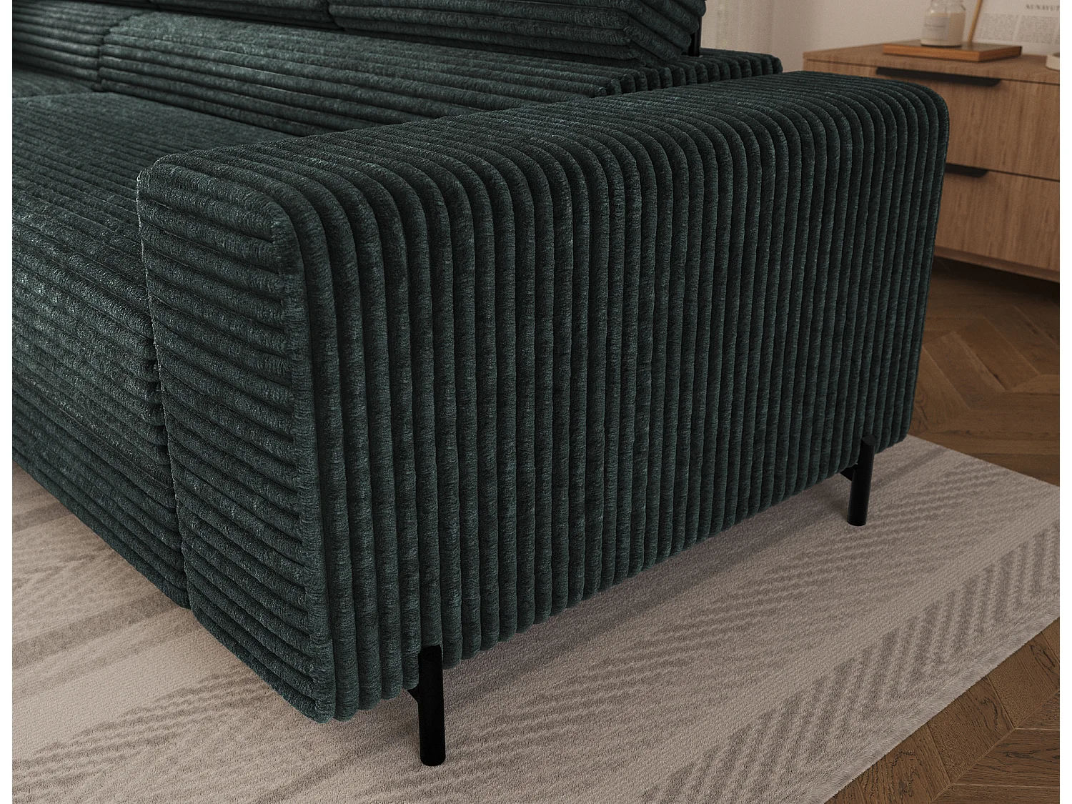 Canapé d’angle convertible KOLEZO en tissu côtelé avec coffre et têtières réglables – 274cm-Vert foncé-angle gauche