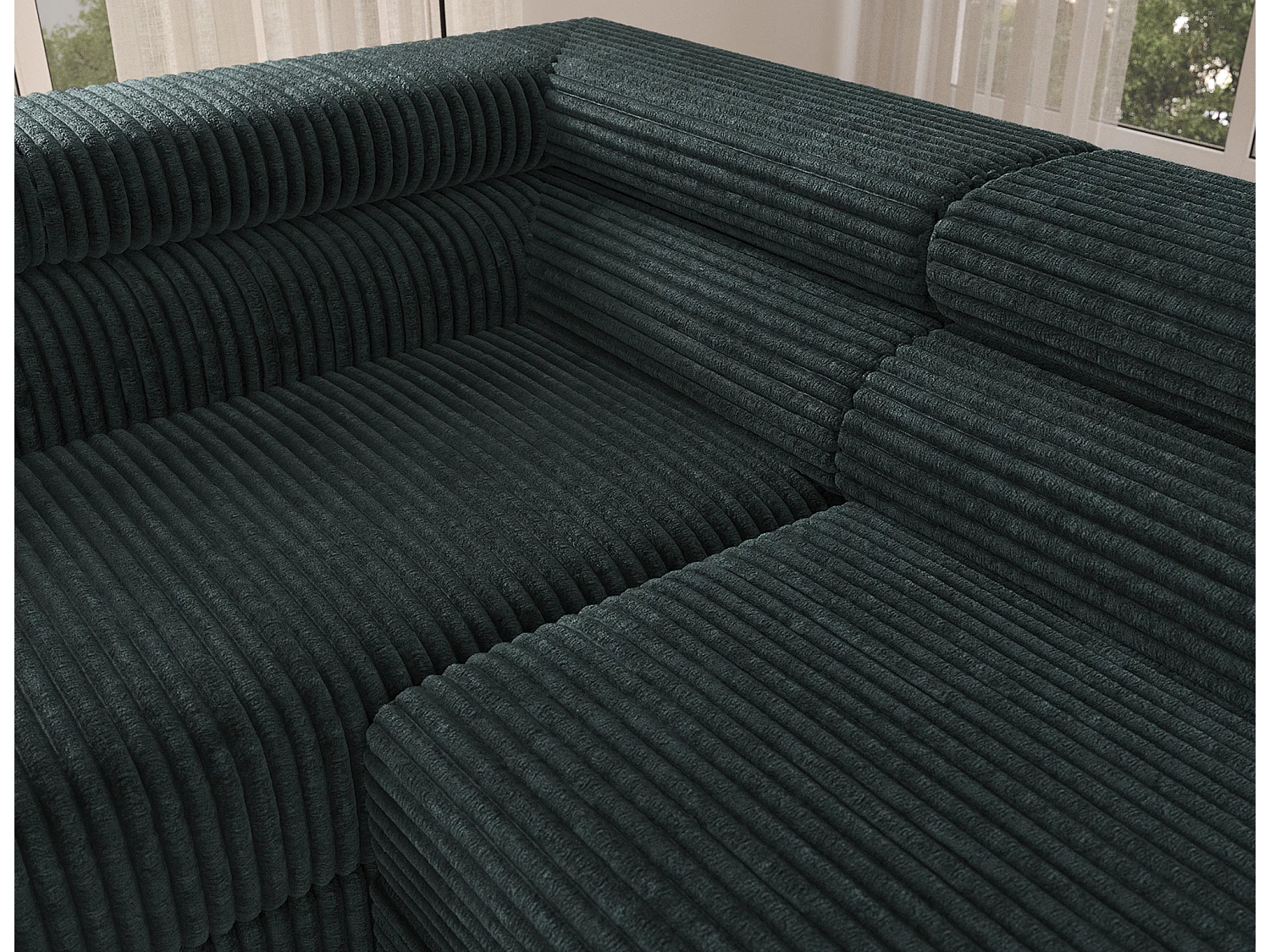 Canapé d’angle convertible KOLEZO en tissu côtelé avec coffre et têtières réglables – 274cm-Vert foncé-angle gauche