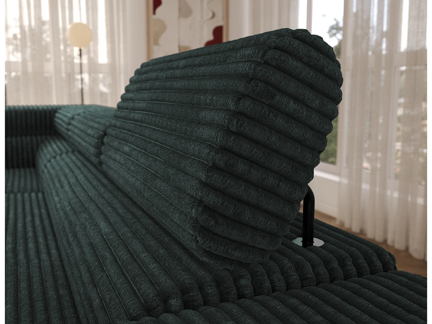 Canapé d’angle convertible KOLEZO en tissu côtelé avec coffre et têtières réglables – 274cm-Vert foncé-angle gauche