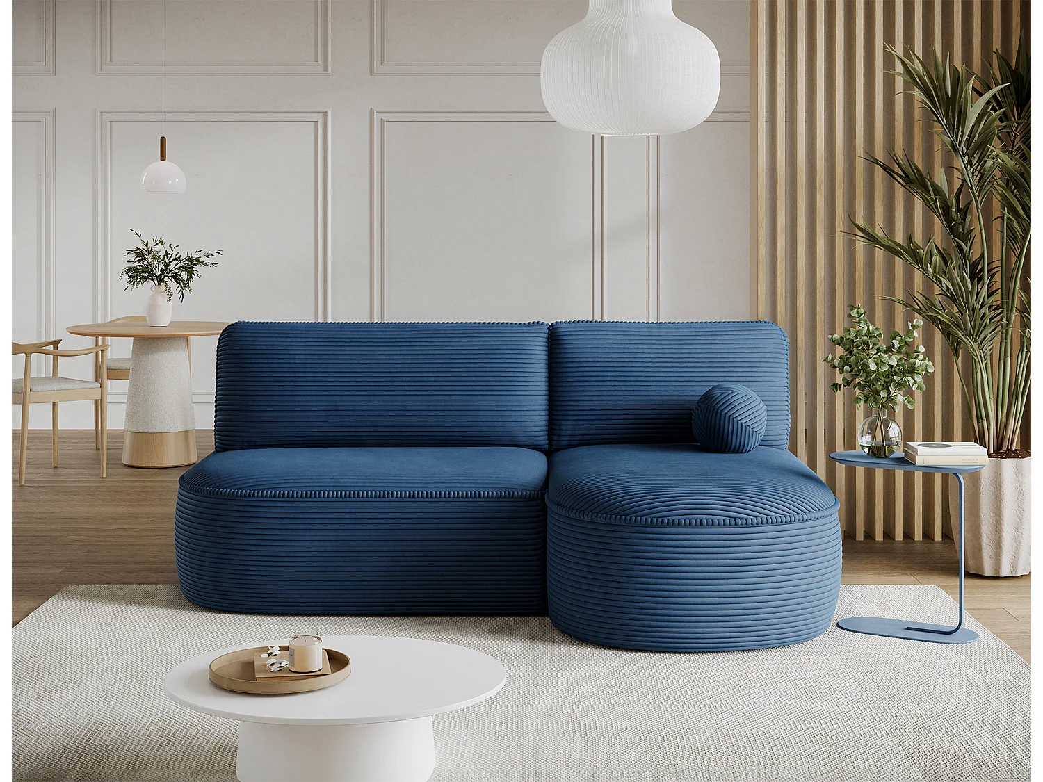 Canapé d'angle droit 3 places convertible en tissu côtelé bleu VERNA