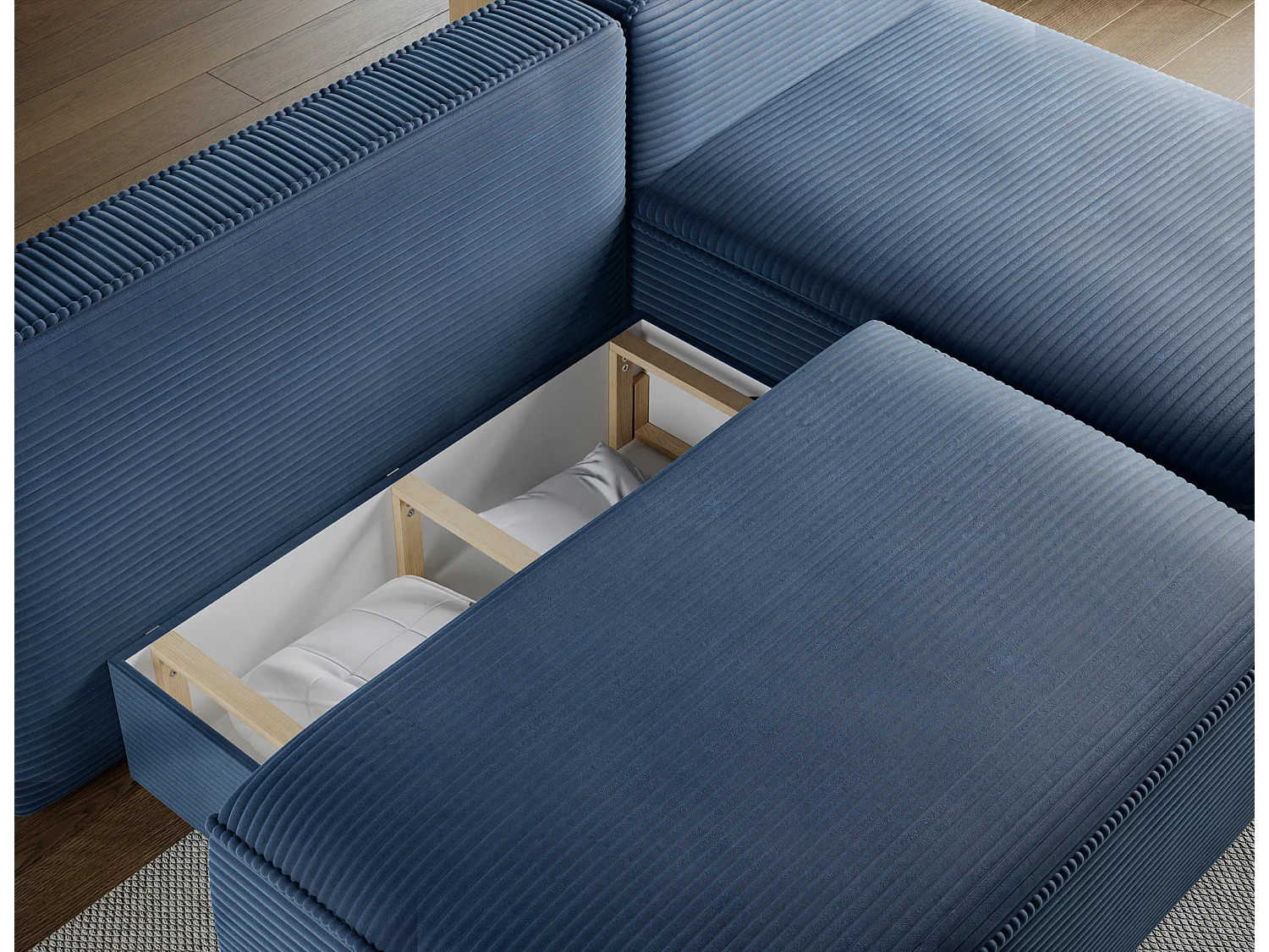 Canapé d'angle droit 3 places convertible en tissu côtelé bleu VERNA
