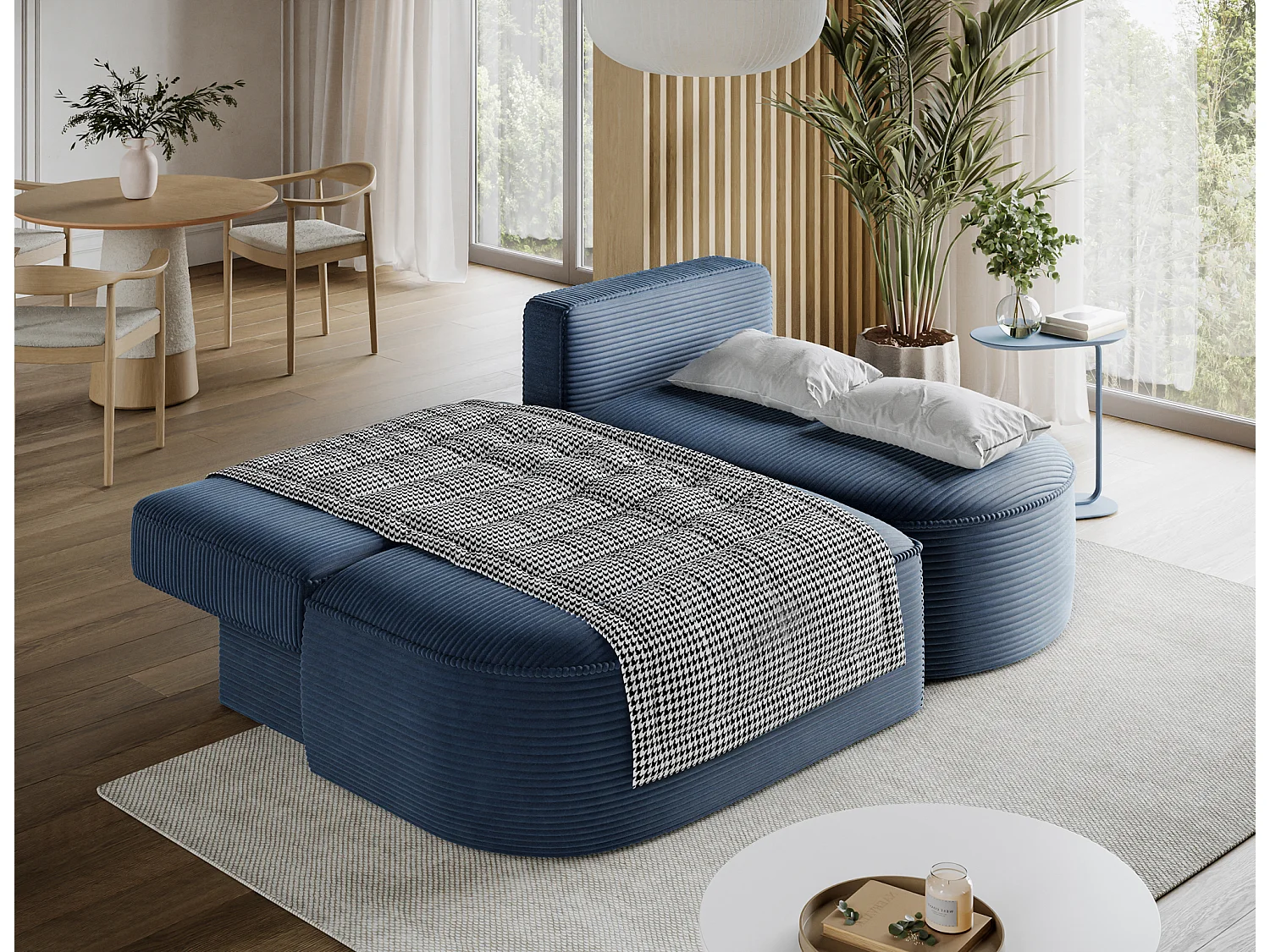 Canapé d'angle droit 3 places convertible en tissu côtelé bleu VERNA