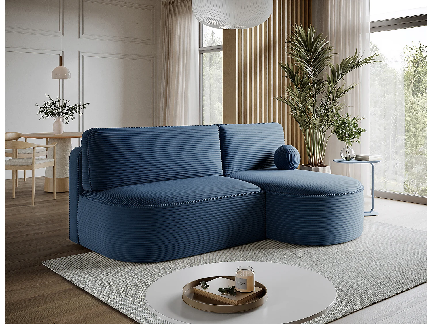 Canapé d'angle droit 3 places convertible en tissu côtelé bleu VERNA