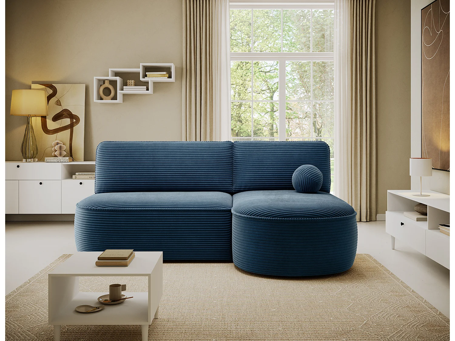 Canapé d'angle droit 3 places convertible en tissu côtelé bleu VERNA