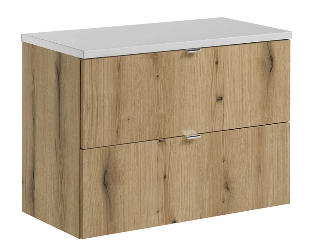 Meuble sous-vasque suspendu NOVA OAK 2 tiroirs avec plan de travail – Naturel et rangement pratique-Naturel/Blanc-Largeur 80 cm
