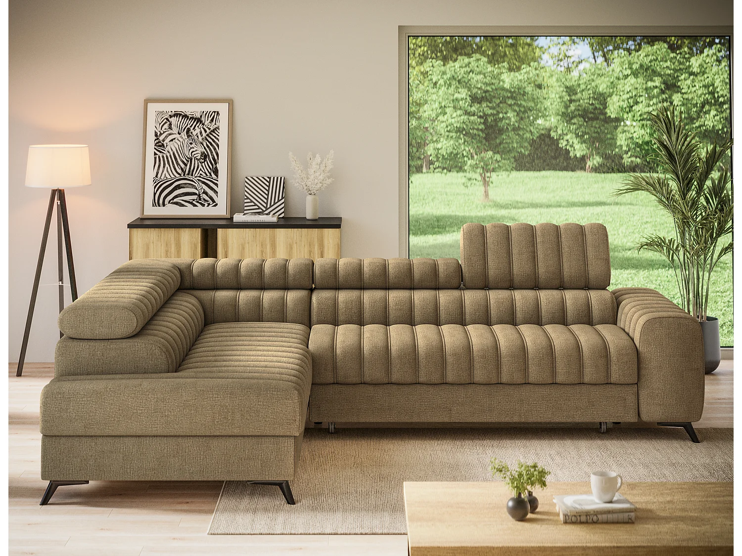 Canapé d’angle convertible KANDO en tissu texturé – 269cm-Marron clair-angle gauche