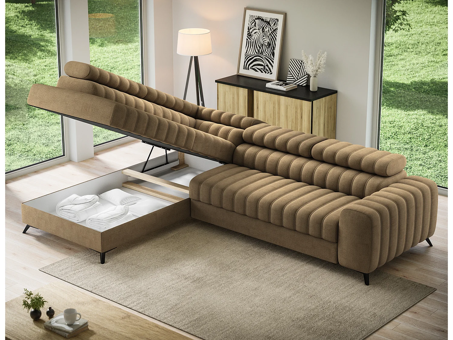 Canapé d’angle convertible KANDO en tissu texturé – 269cm-Marron clair-angle gauche