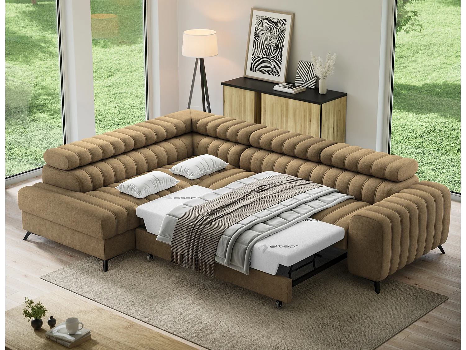 Canapé d’angle convertible KANDO en tissu texturé – 269cm-Marron clair-angle gauche