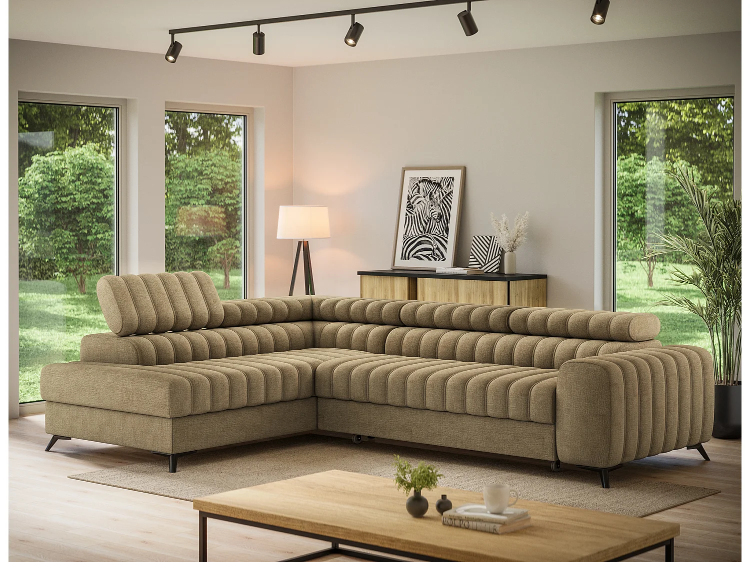 Canapé d’angle convertible KANDO en tissu texturé – 269cm-Marron clair-angle gauche