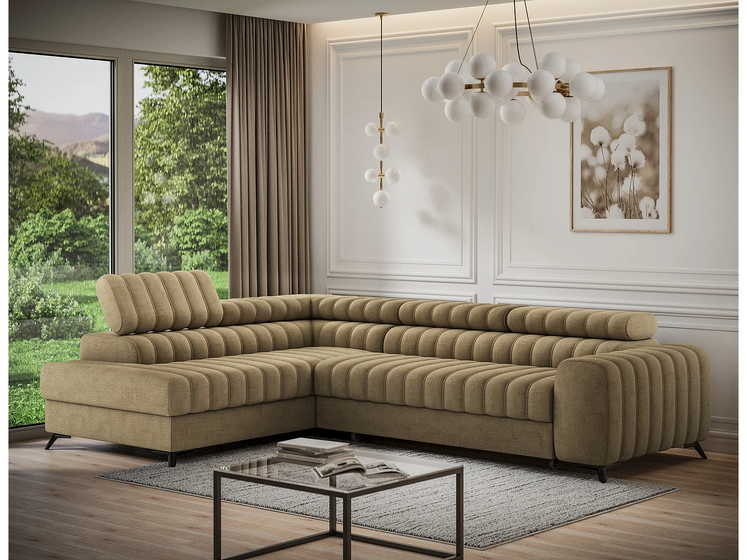 Canapé d’angle convertible KANDO en tissu texturé – 269cm-Marron clair-angle gauche