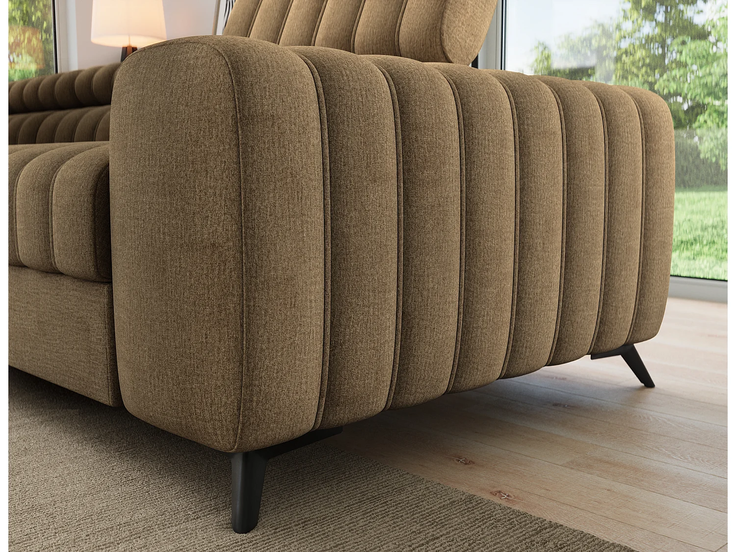 Canapé d’angle convertible KANDO en tissu texturé – 269cm-Marron clair-angle gauche