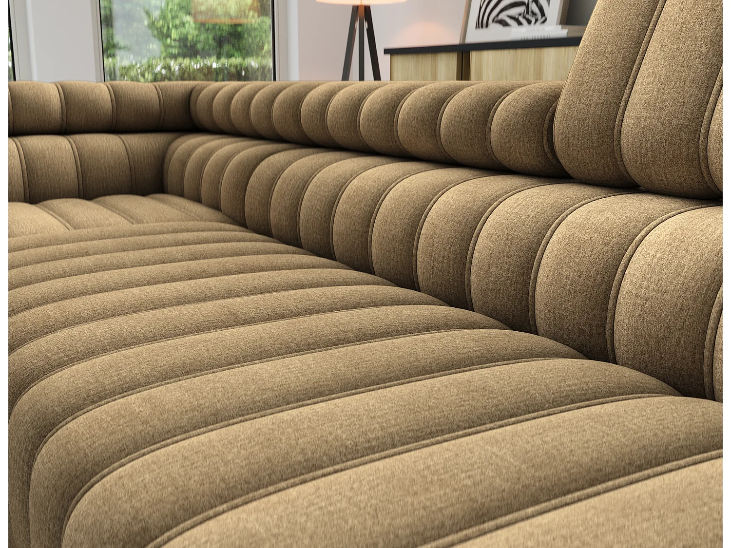 Canapé d’angle convertible KANDO en tissu texturé – 269cm-Marron clair-angle gauche